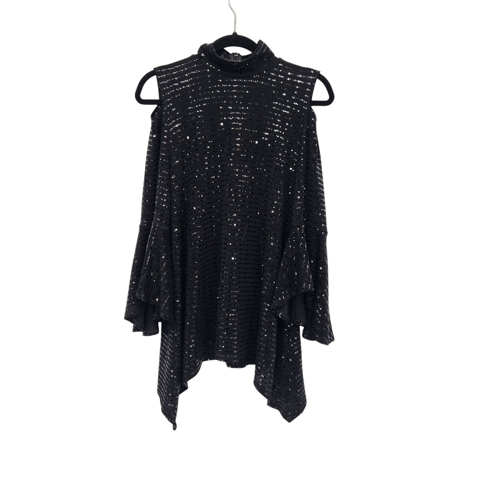 IC by Connie K Black Sequin Cold Shoulder Mock Neck Top Asymmetrical Lagenlook S